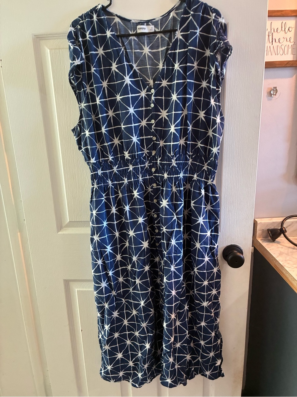 Sonoma 1X Blue White Geometric Print Midi Dress Smocked Waist